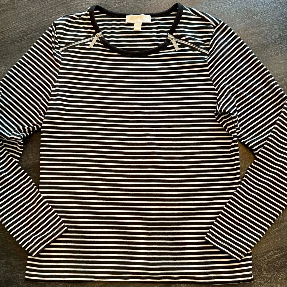 MICHAEL KORS Navy and White Striped Double-Zip Top, Size Large